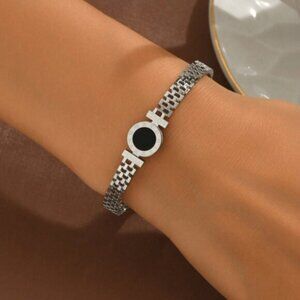 Roman Numeral Black Enamel Bracelet | Sterling Silver